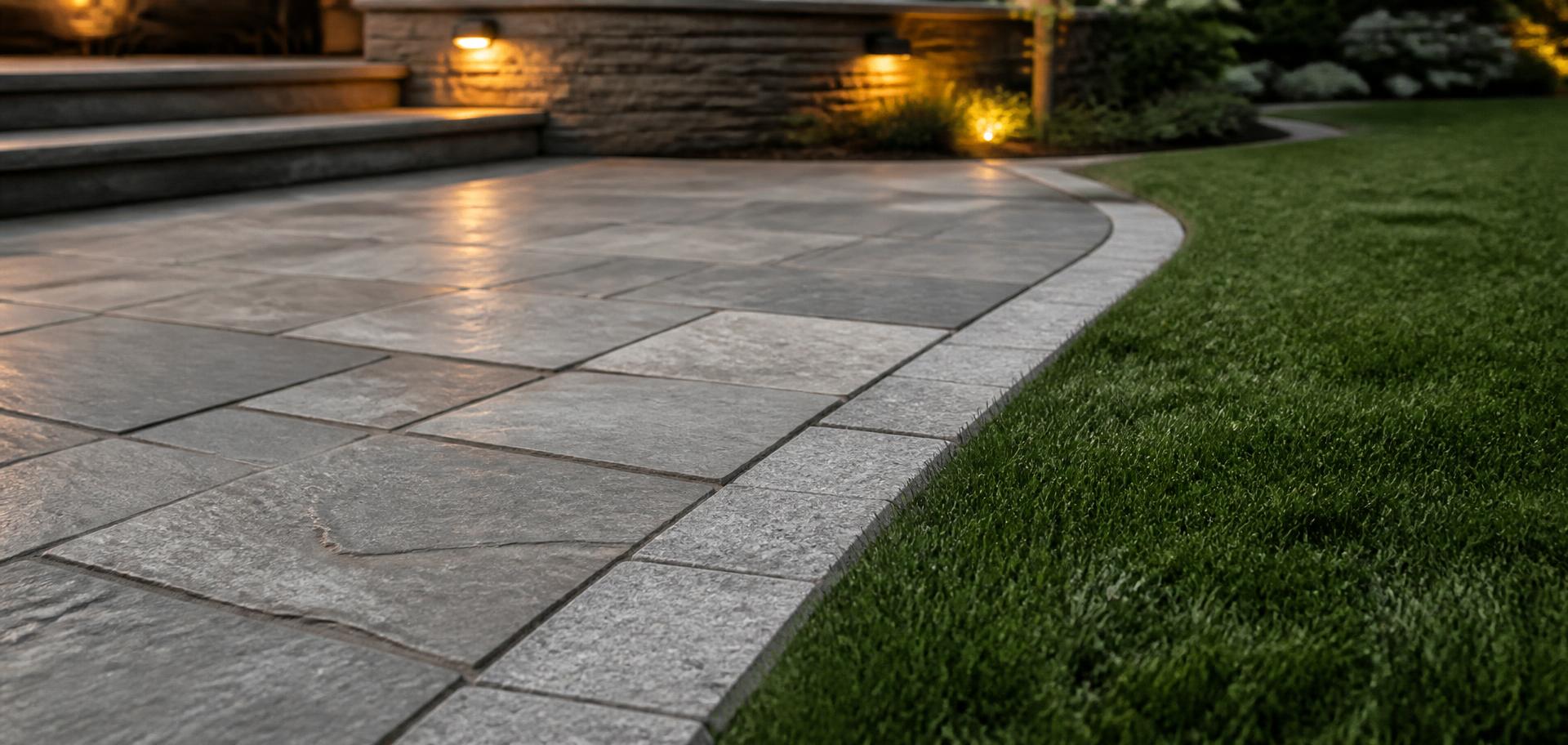 Natural stone patio edging meeting a manicured lawn at dusk